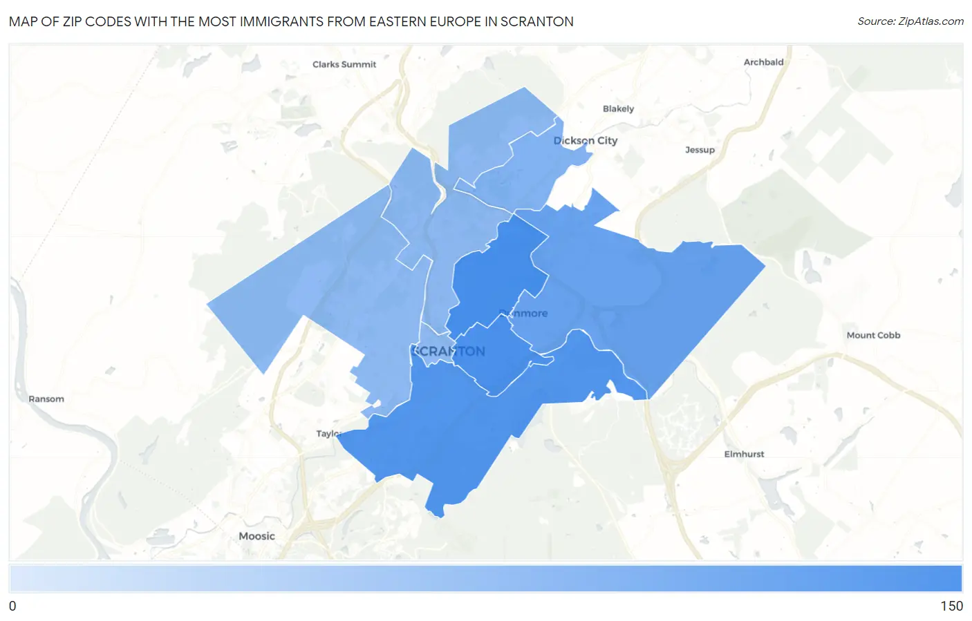 Zip Codes with the Most Immigrants from Eastern Europe in Scranton Map