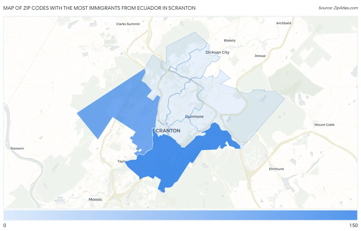 Zip Codes with the Most Immigrants from Ecuador in Scranton Map