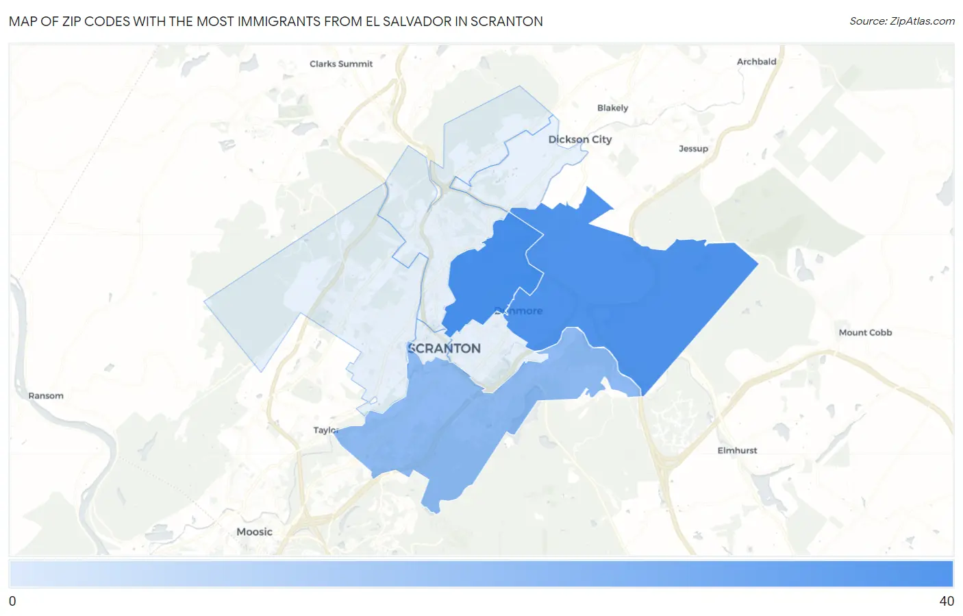 Zip Codes with the Most Immigrants from El Salvador in Scranton Map