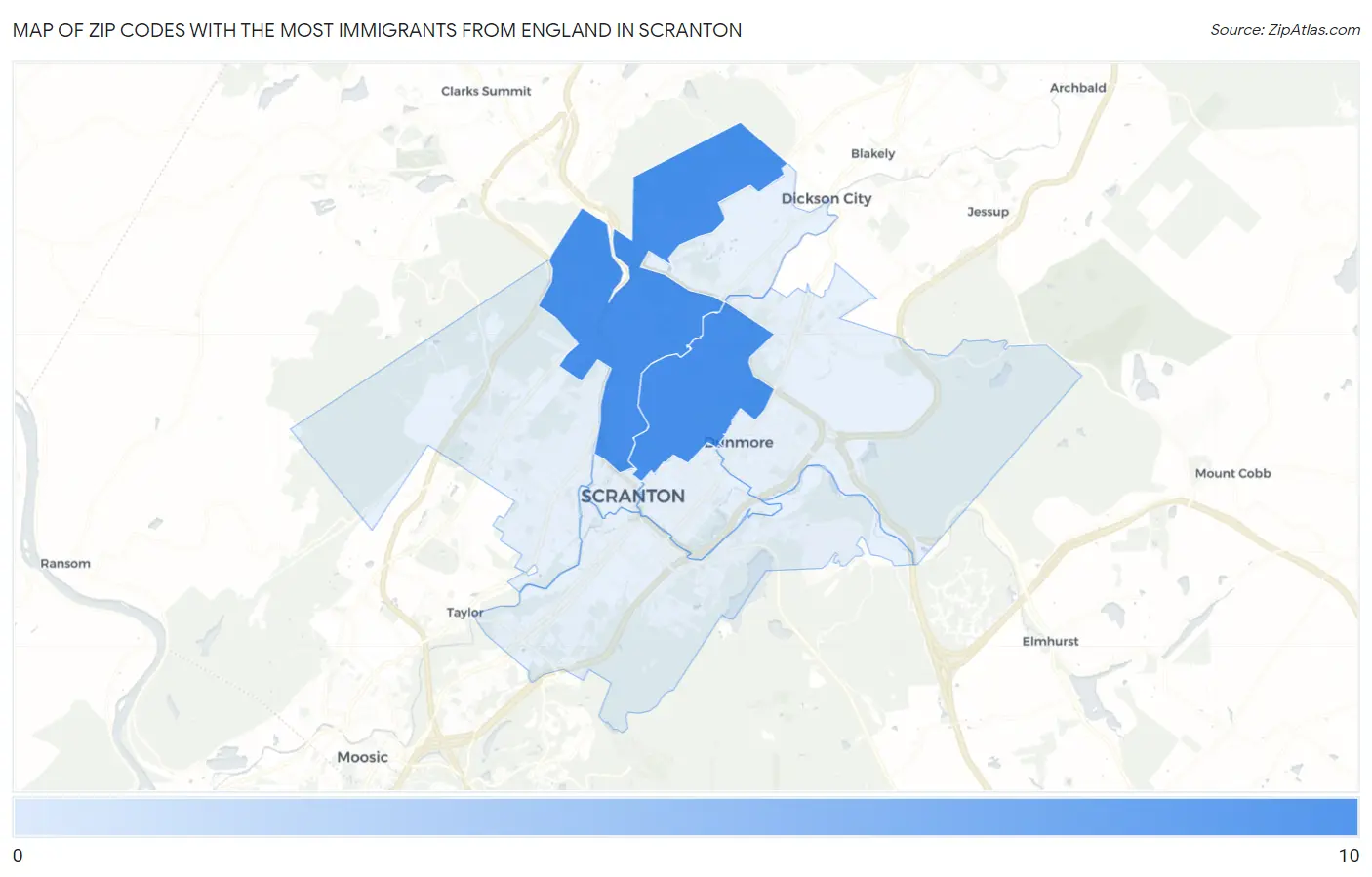 Zip Codes with the Most Immigrants from England in Scranton Map