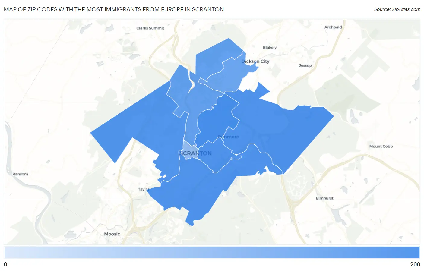 Zip Codes with the Most Immigrants from Europe in Scranton Map