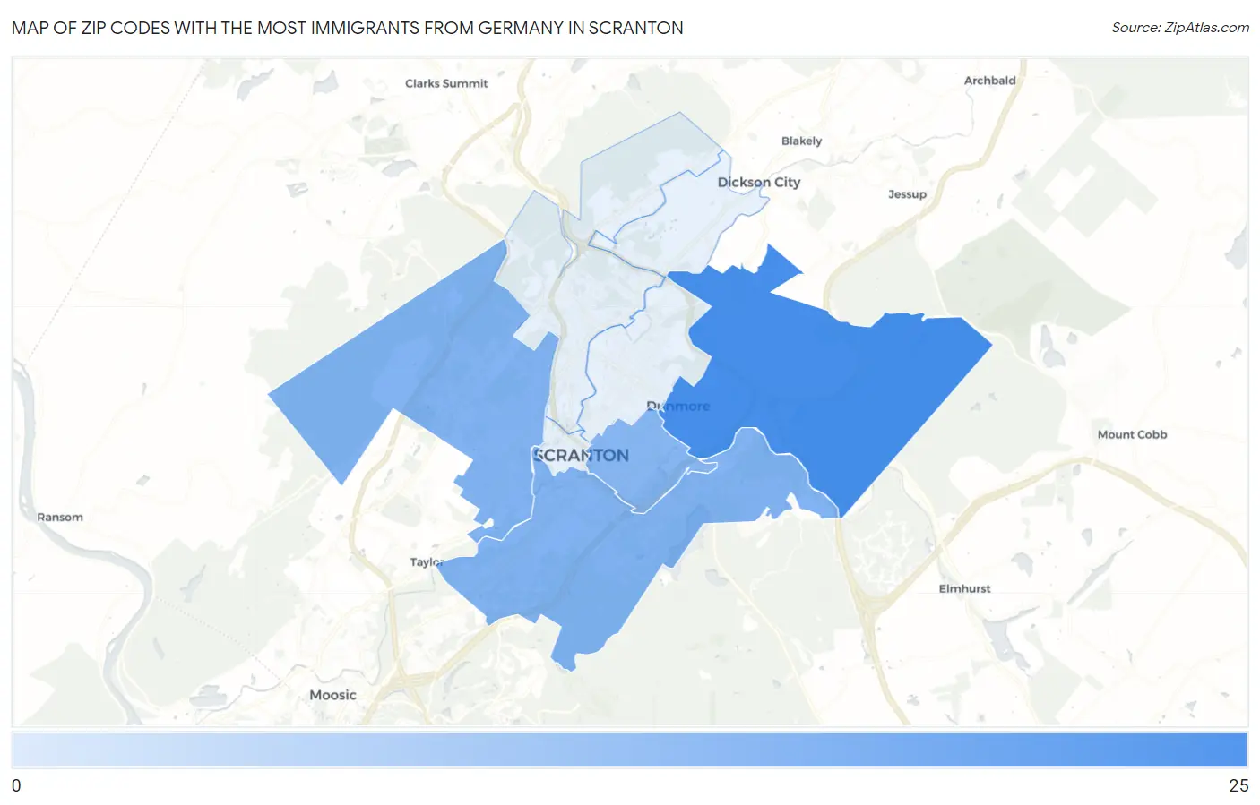 Zip Codes with the Most Immigrants from Germany in Scranton Map