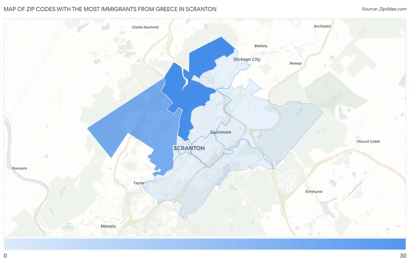 Zip Codes with the Most Immigrants from Greece in Scranton Map