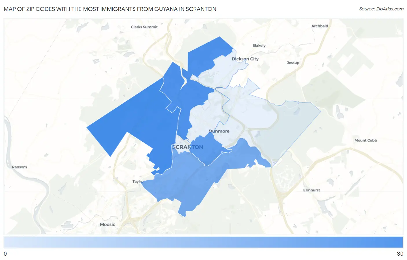 Zip Codes with the Most Immigrants from Guyana in Scranton Map