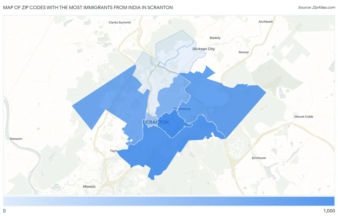 Zip Codes with the Most Immigrants from India in Scranton Map