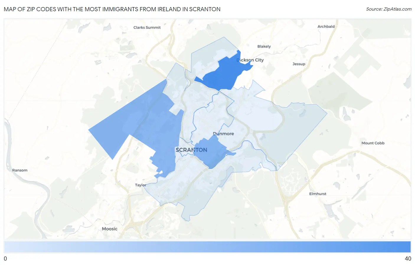 Zip Codes with the Most Immigrants from Ireland in Scranton Map