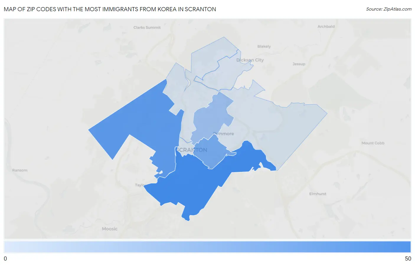 Zip Codes with the Most Immigrants from Korea in Scranton Map