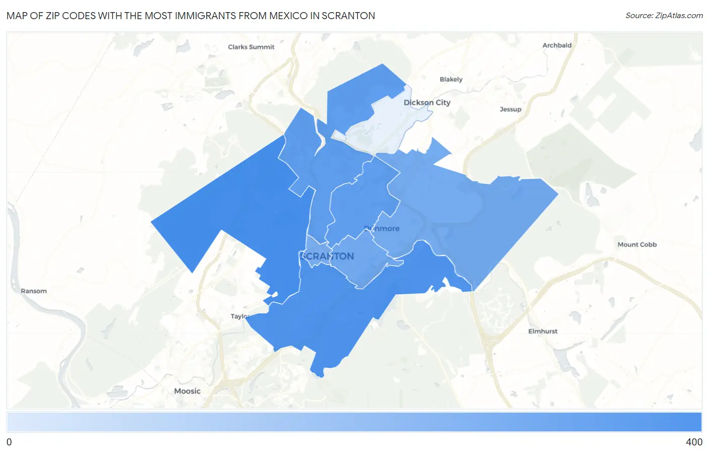 Zip Codes with the Most Immigrants from Mexico in Scranton Map