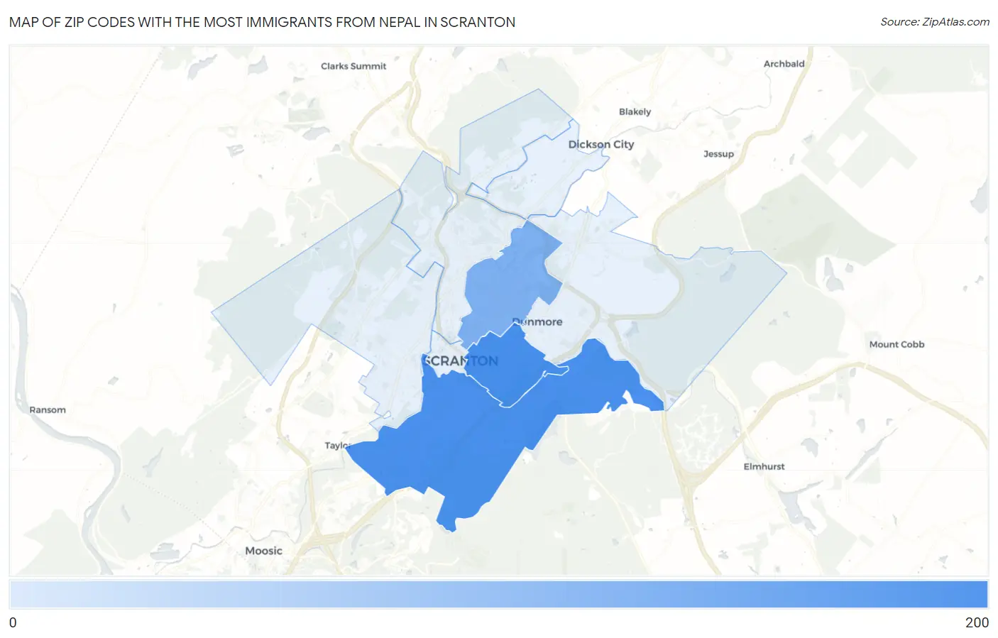 Zip Codes with the Most Immigrants from Nepal in Scranton Map