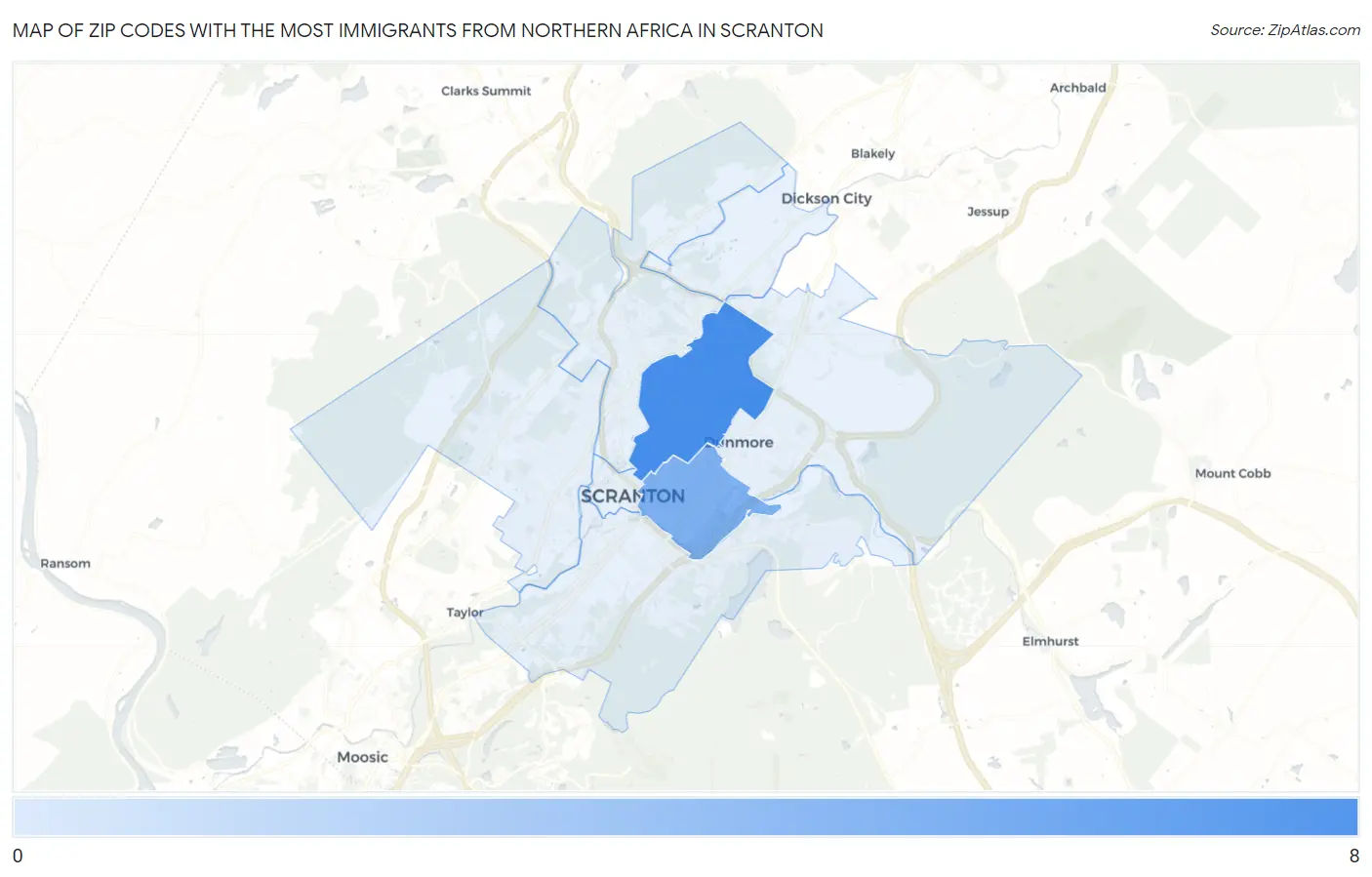 Zip Codes with the Most Immigrants from Northern Africa in Scranton Map