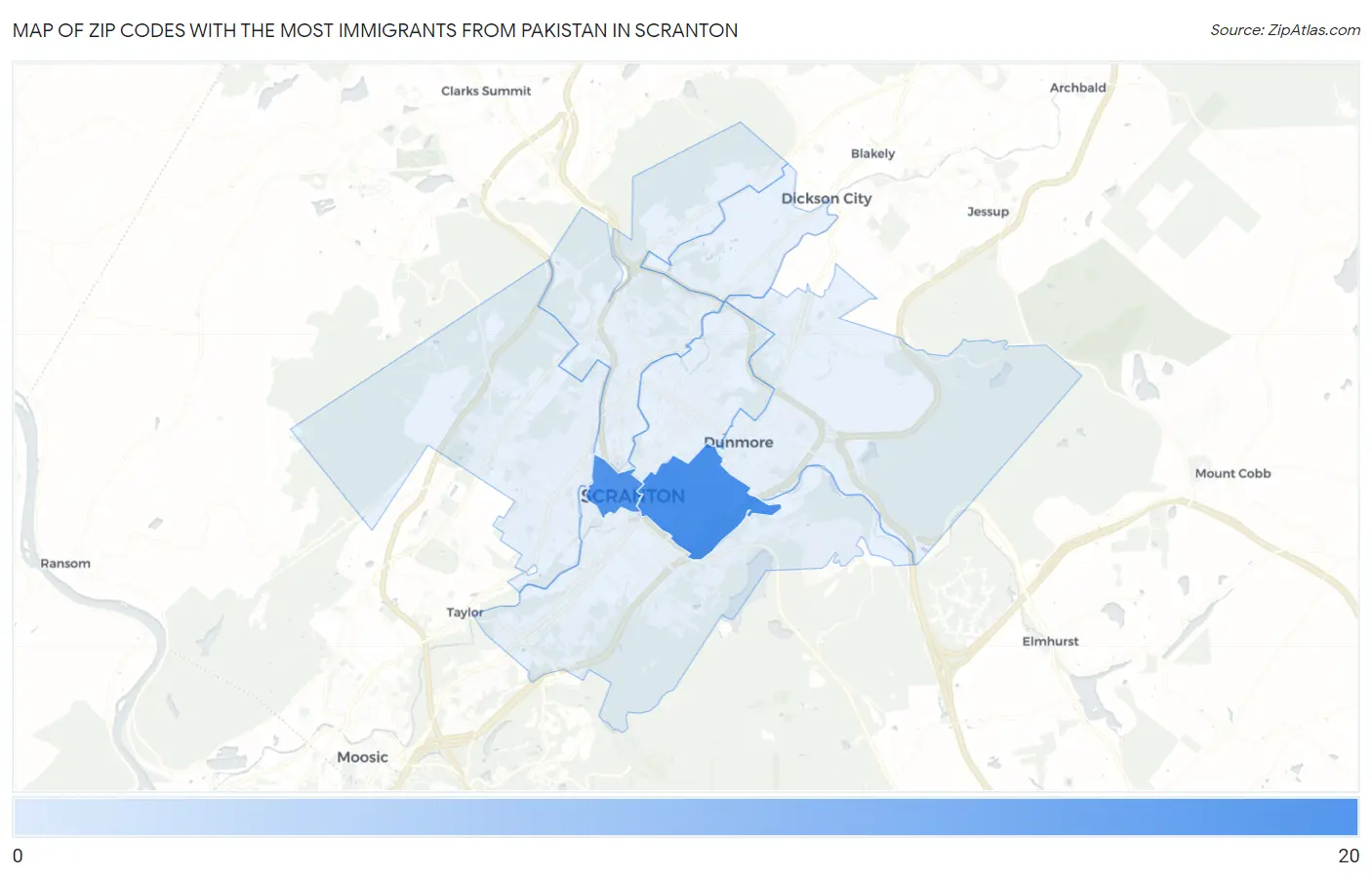 Zip Codes with the Most Immigrants from Pakistan in Scranton Map