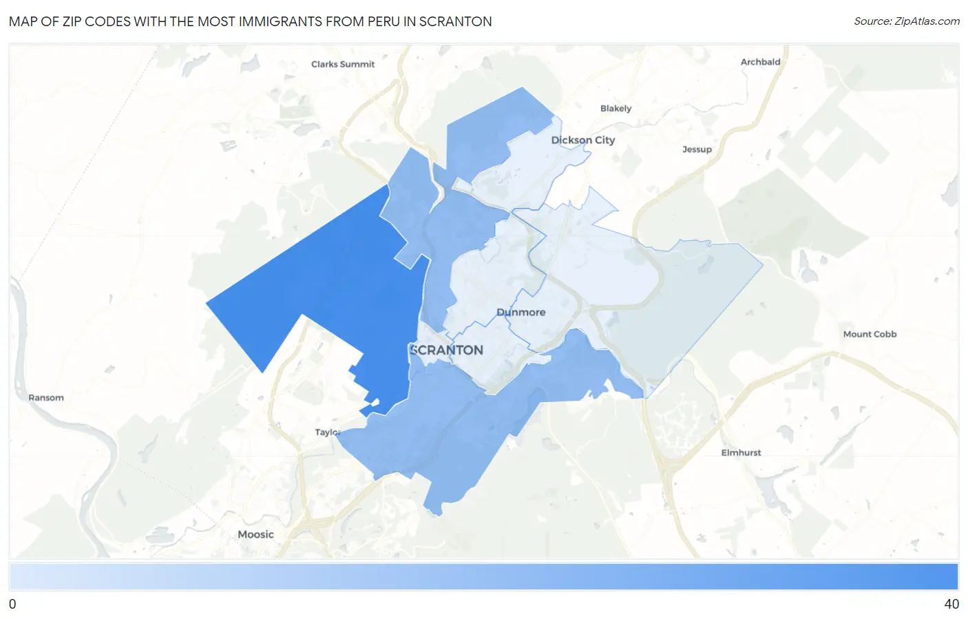 Zip Codes with the Most Immigrants from Peru in Scranton Map