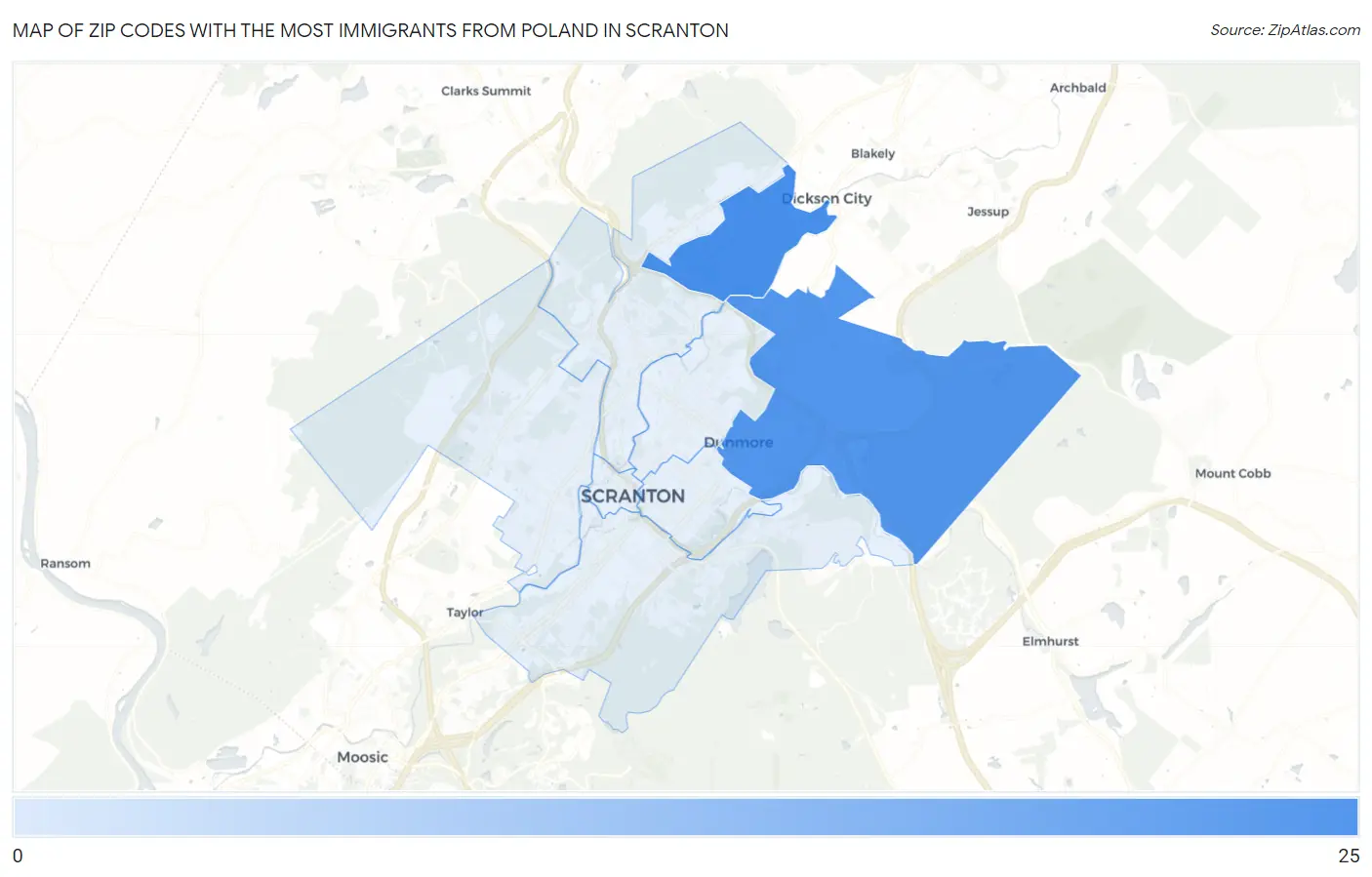 Zip Codes with the Most Immigrants from Poland in Scranton Map