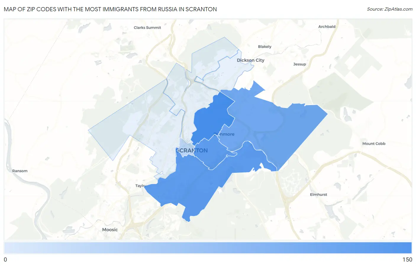 Zip Codes with the Most Immigrants from Russia in Scranton Map