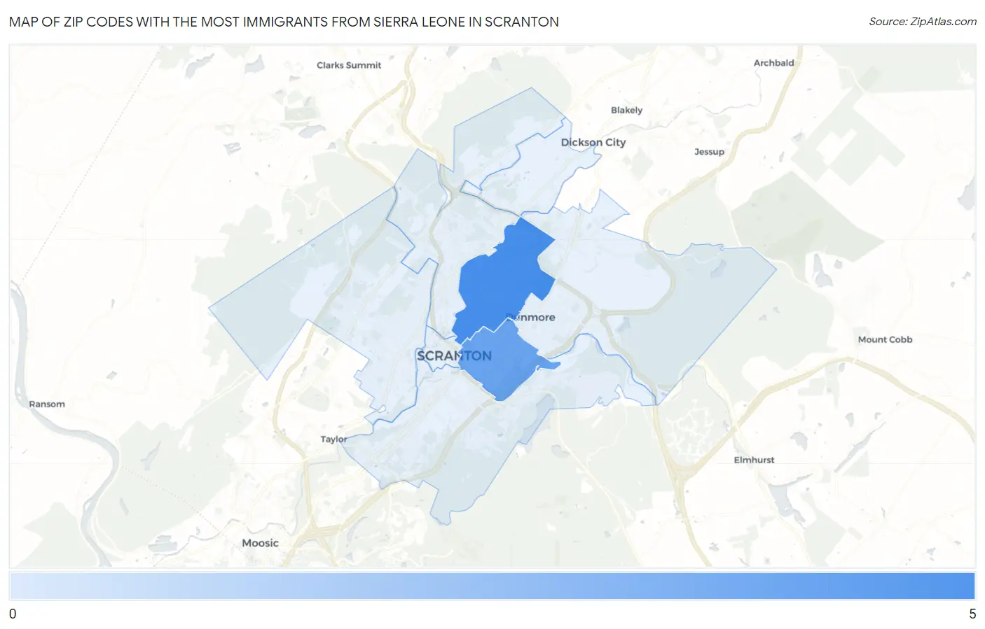 Zip Codes with the Most Immigrants from Sierra Leone in Scranton Map