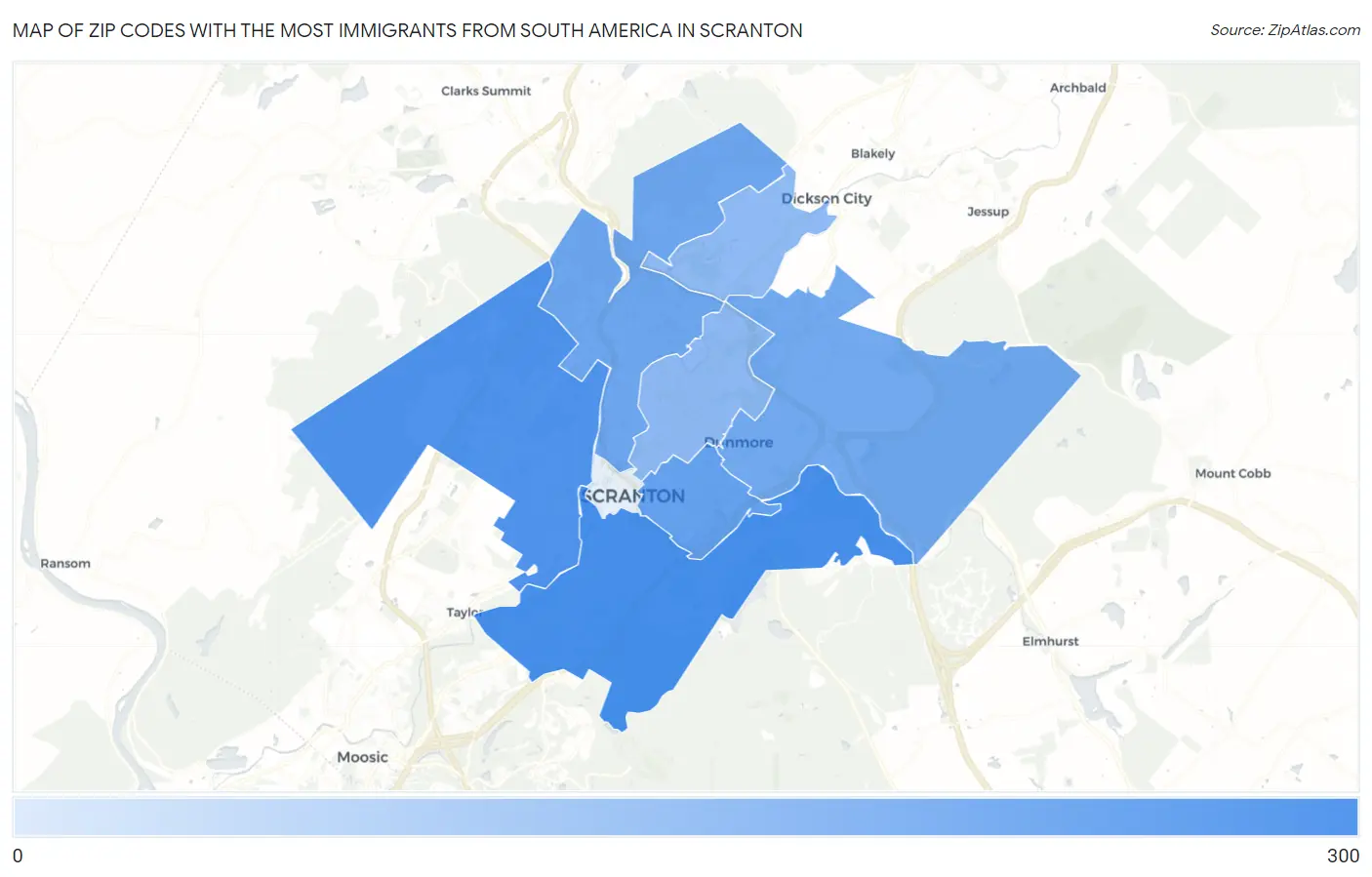 Zip Codes with the Most Immigrants from South America in Scranton Map