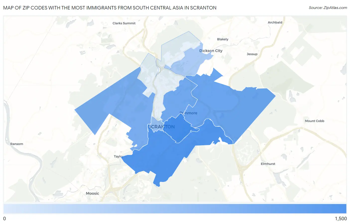 Zip Codes with the Most Immigrants from South Central Asia in Scranton Map