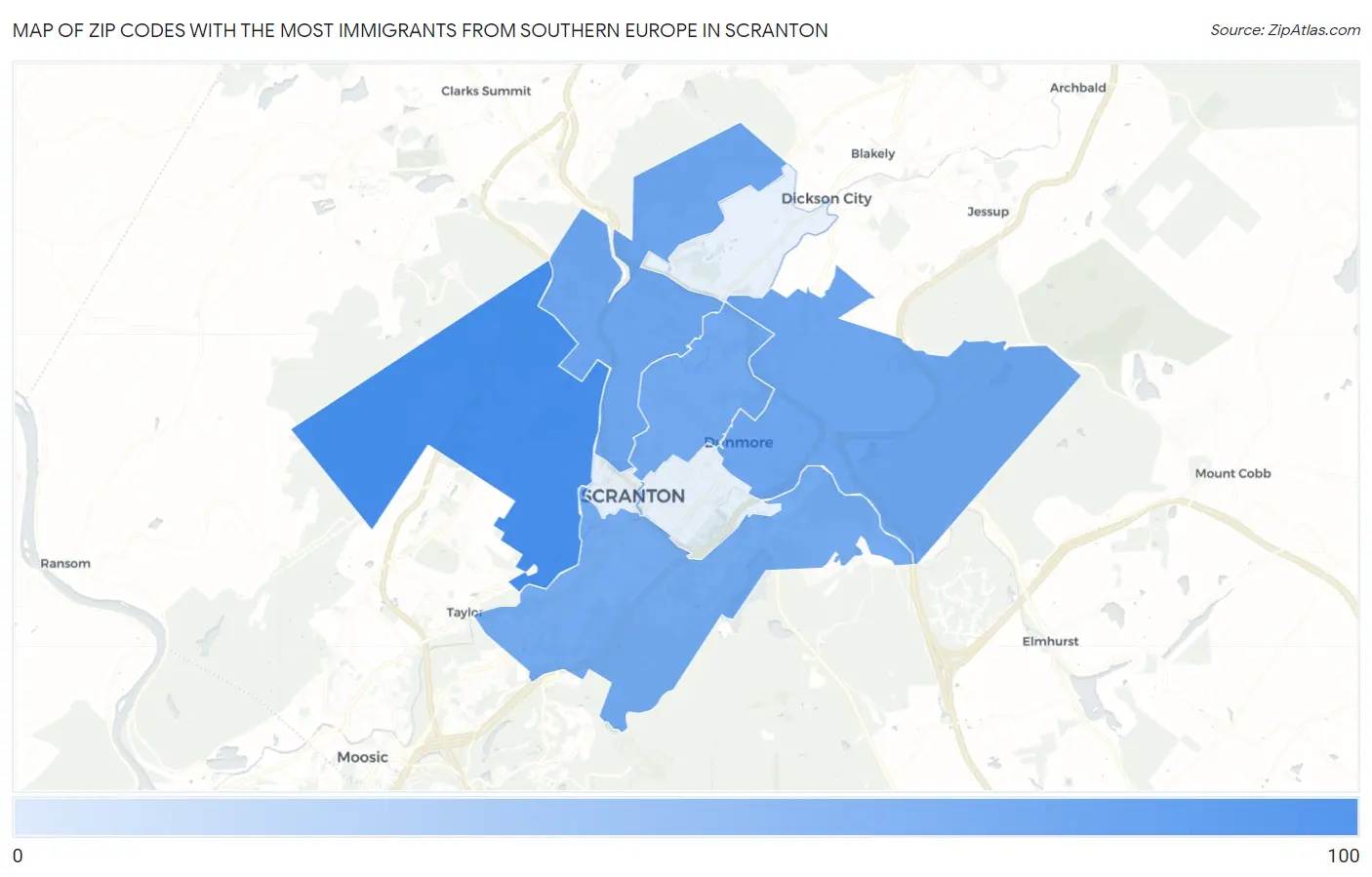 Zip Codes with the Most Immigrants from Southern Europe in Scranton Map