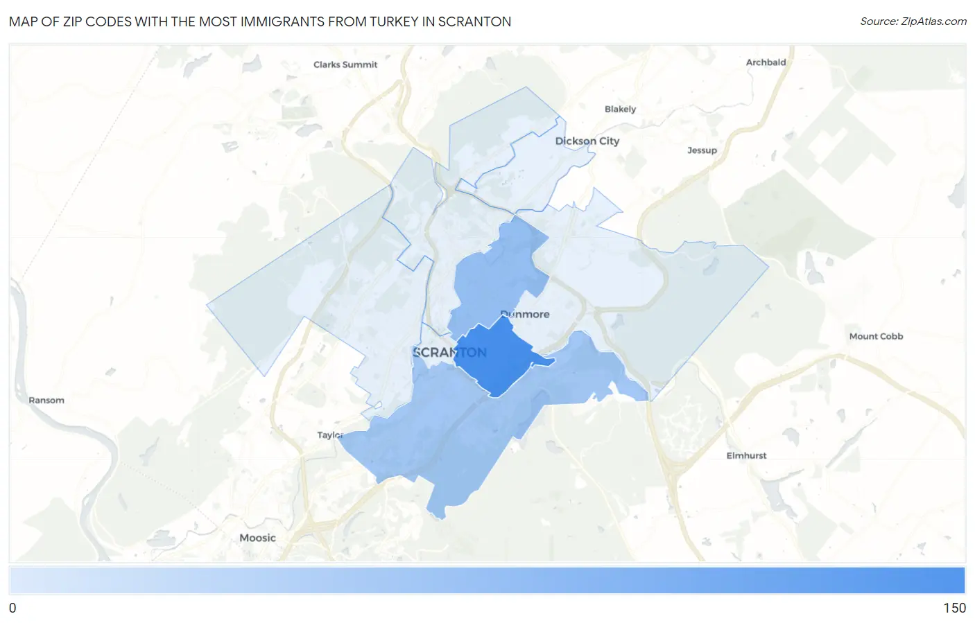 Zip Codes with the Most Immigrants from Turkey in Scranton Map