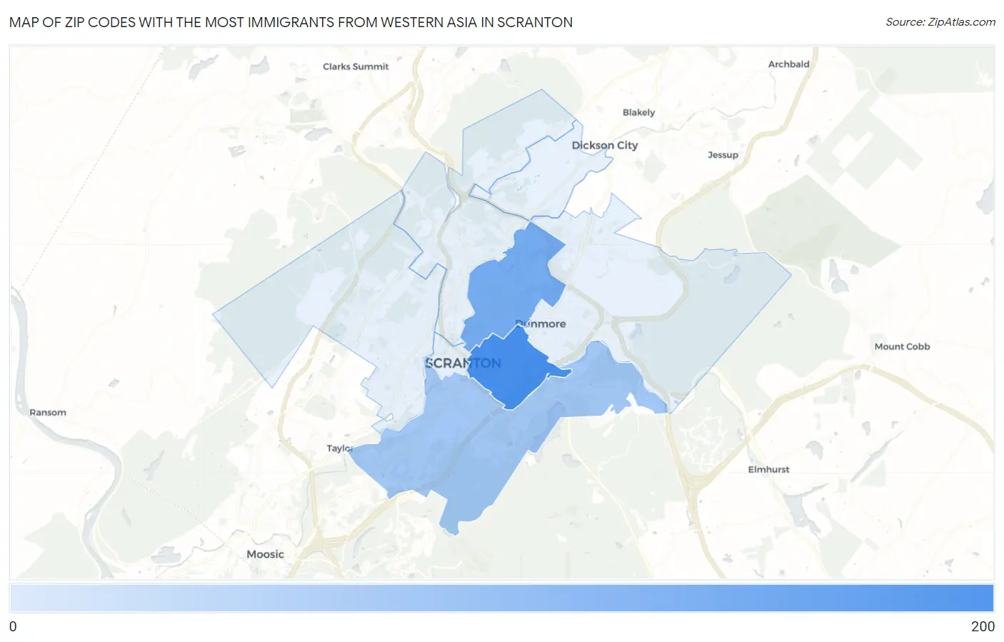 Zip Codes with the Most Immigrants from Western Asia in Scranton Map