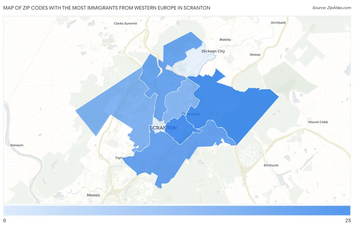 Zip Codes with the Most Immigrants from Western Europe in Scranton Map