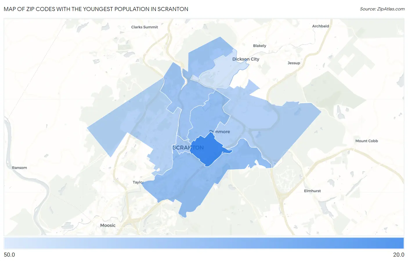 Zip Codes with the Youngest Population in Scranton Map