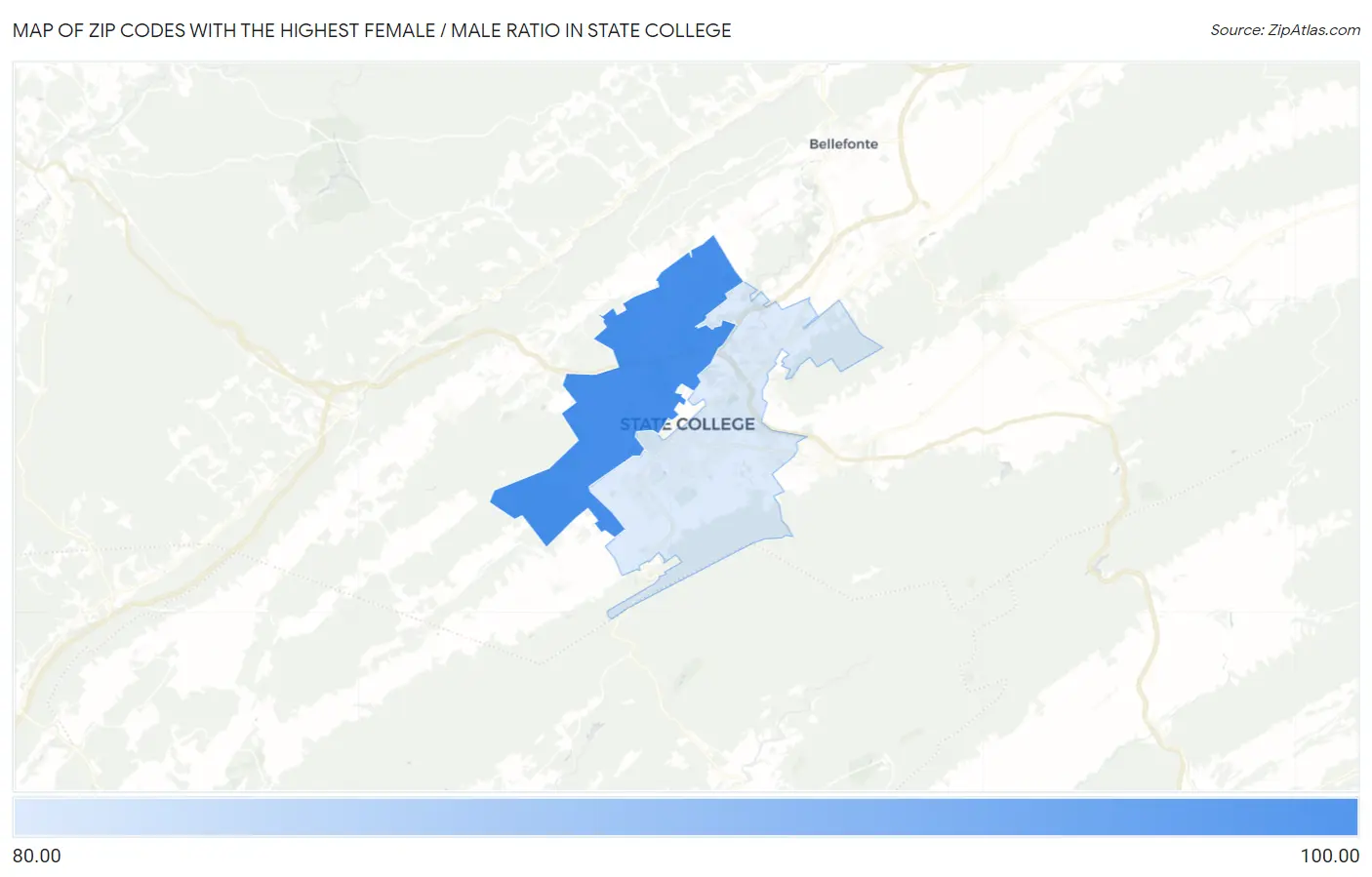 Zip Codes with the Highest Female / Male Ratio in State College Map
