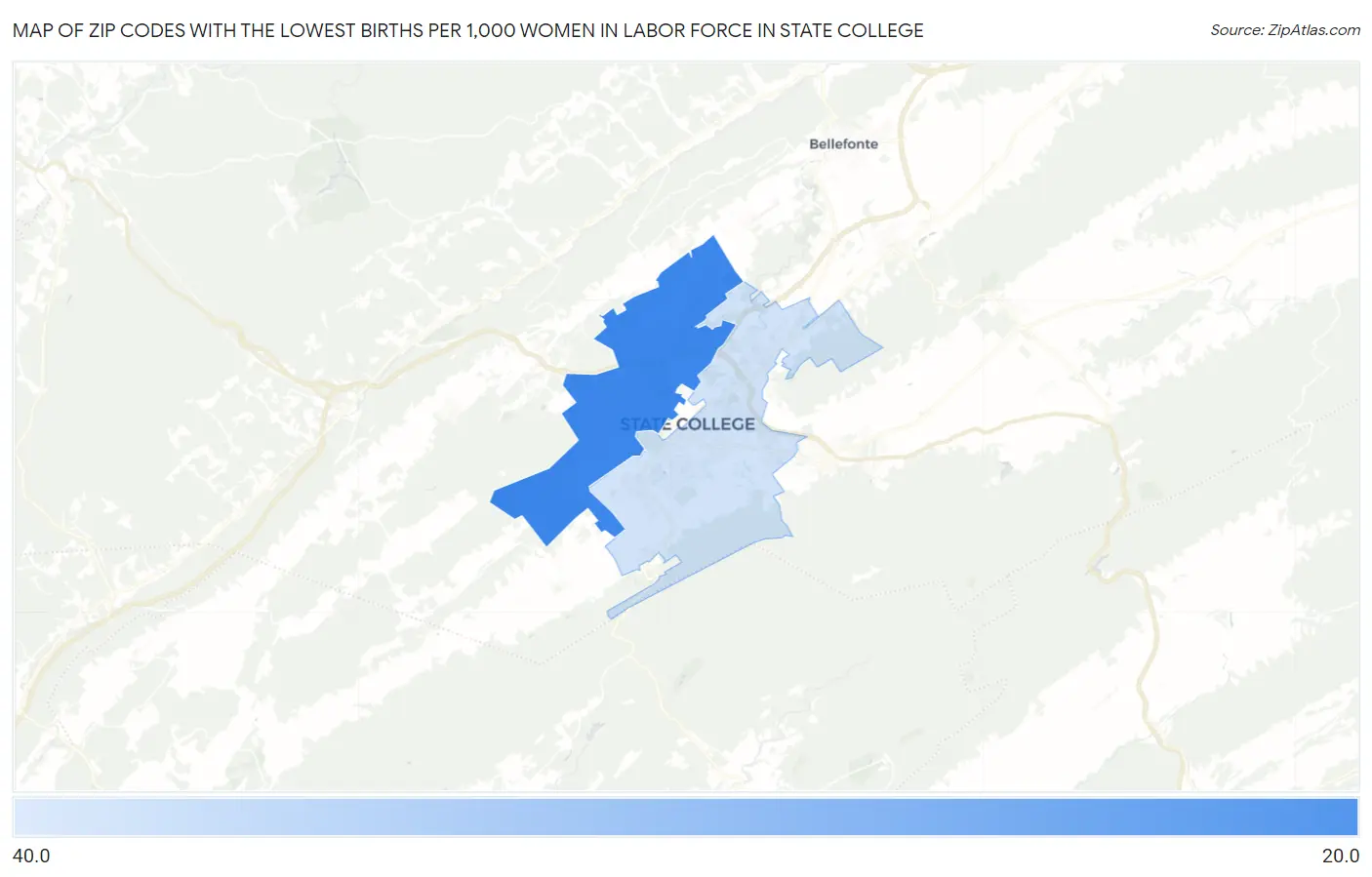 Zip Codes with the Lowest Births per 1,000 Women in Labor Force in State College Map