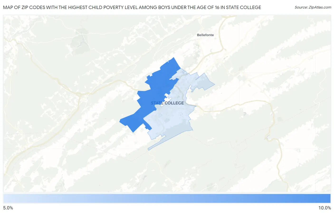 Zip Codes with the Highest Child Poverty Level Among Boys Under the Age of 16 in State College Map