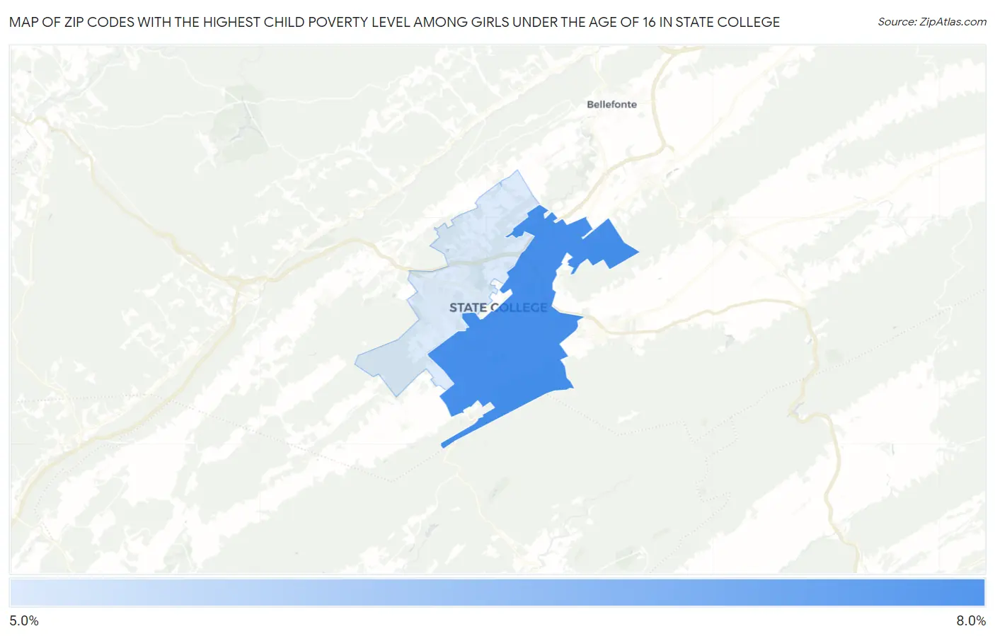 Zip Codes with the Highest Child Poverty Level Among Girls Under the Age of 16 in State College Map