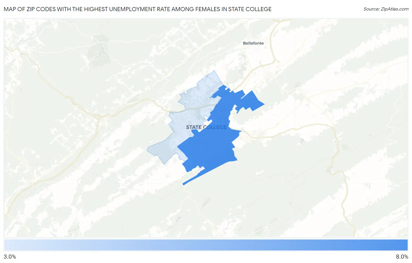 Zip Codes with the Highest Unemployment Rate Among Females in State College Map