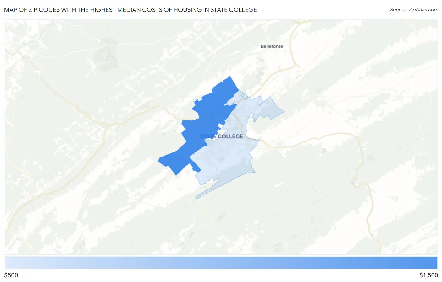 Zip Codes with the Highest Median Costs of Housing in State College Map