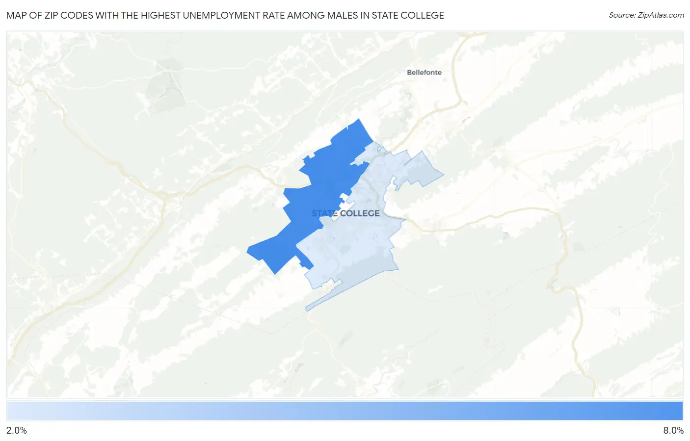 Zip Codes with the Highest Unemployment Rate Among Males in State College Map