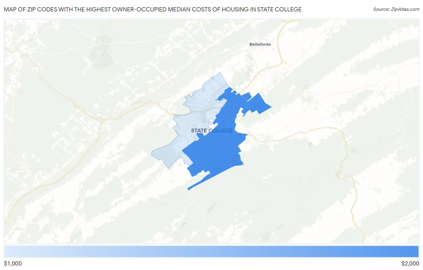 Zip Codes with the Highest Owner-Occupied Median Costs of Housing in State College Map