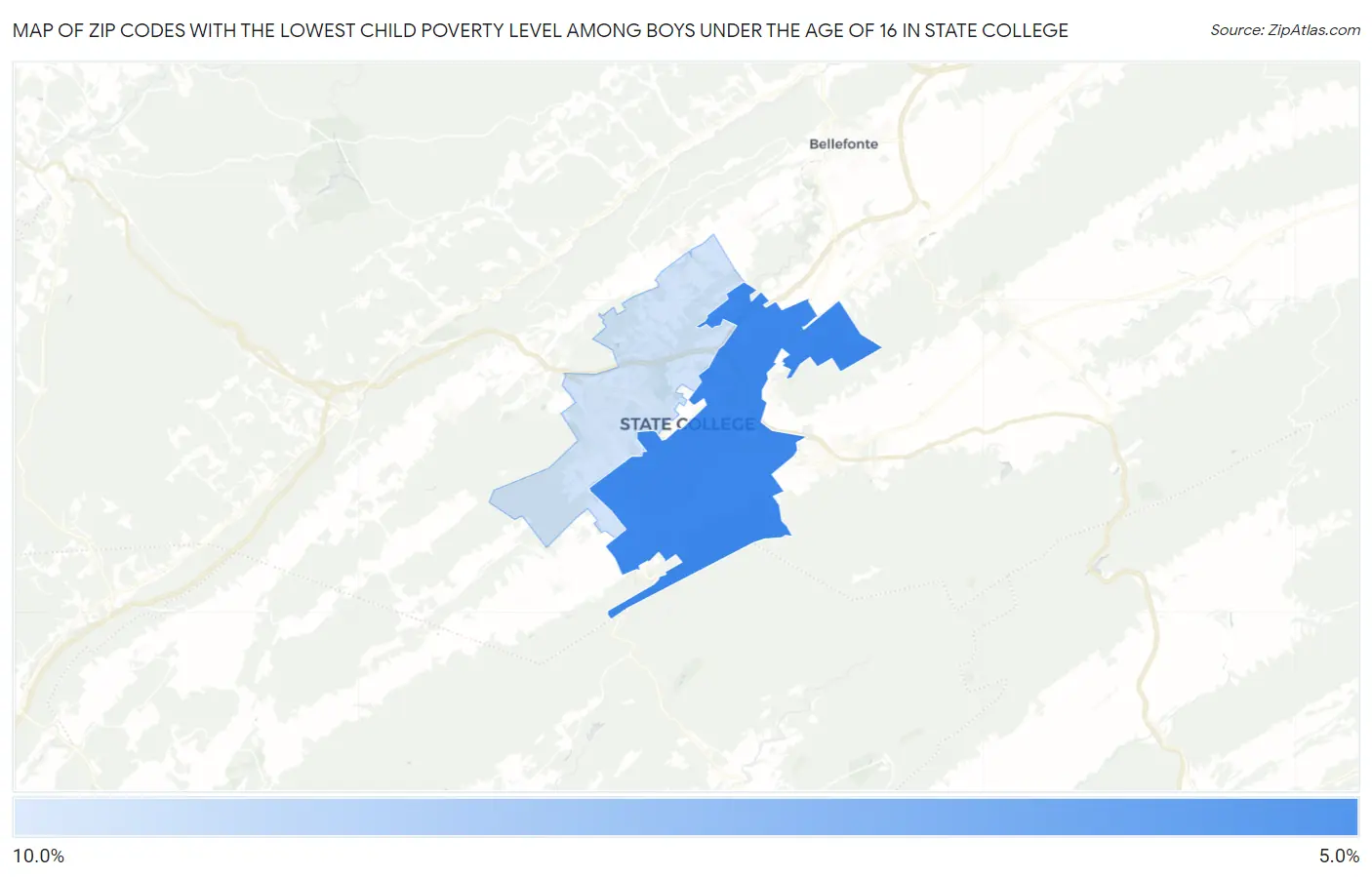 Zip Codes with the Lowest Child Poverty Level Among Boys Under the Age of 16 in State College Map