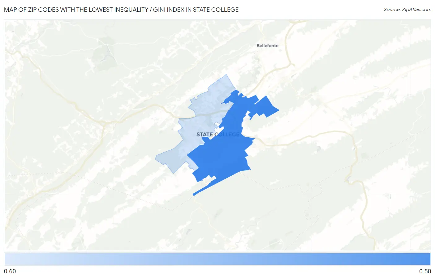 Zip Codes with the Lowest Inequality / Gini Index in State College Map