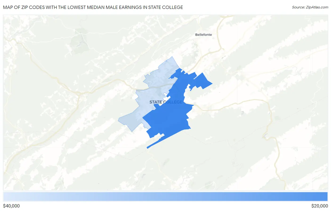 Zip Codes with the Lowest Median Male Earnings in State College Map