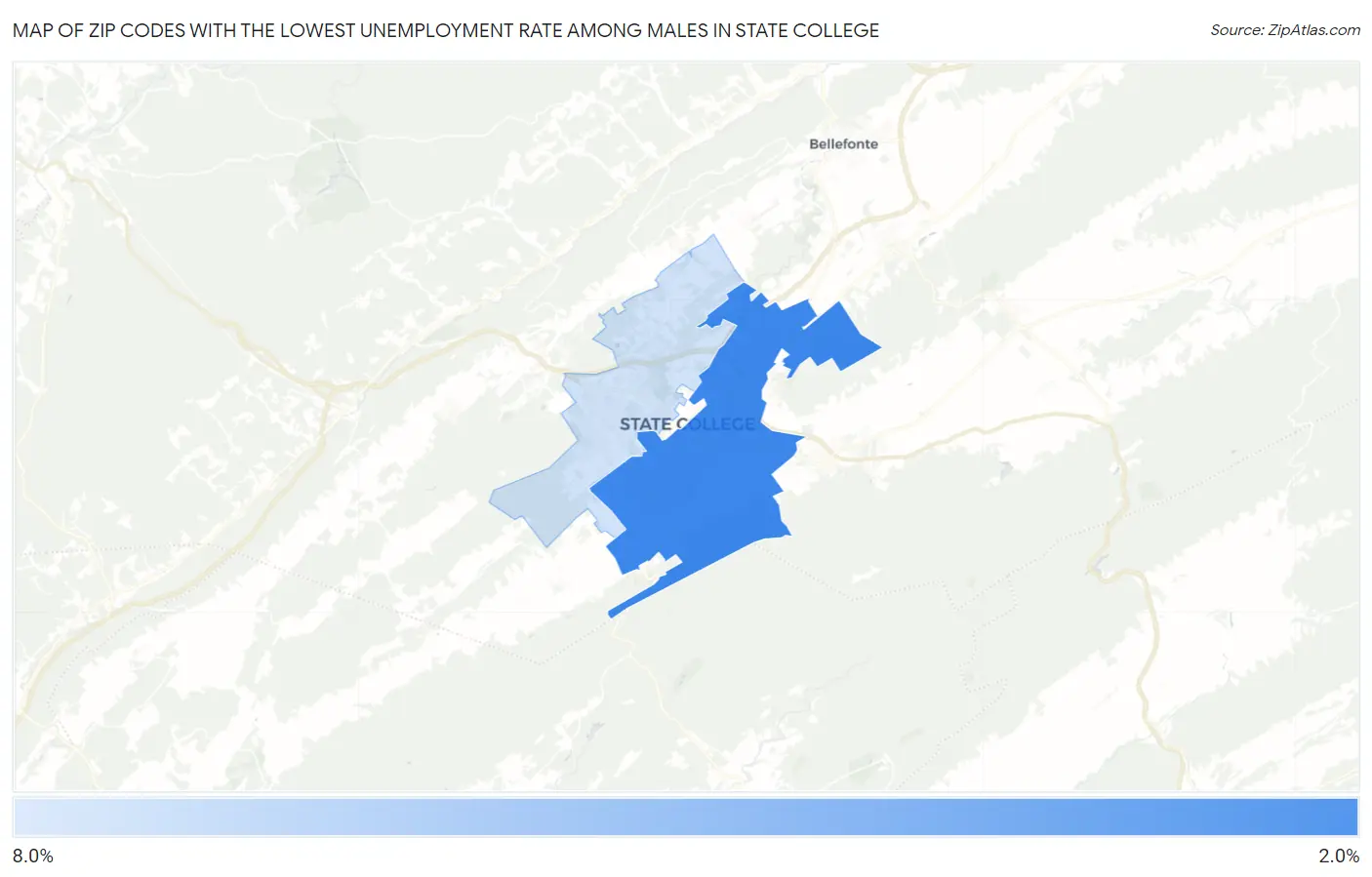 Zip Codes with the Lowest Unemployment Rate Among Males in State College Map
