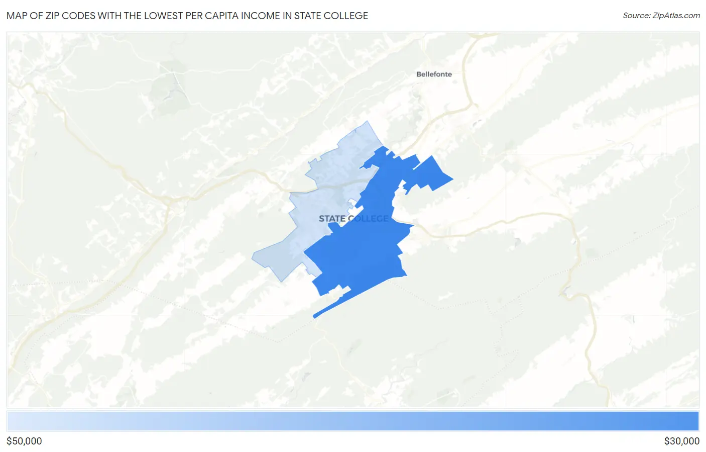 Zip Codes with the Lowest Per Capita Income in State College Map