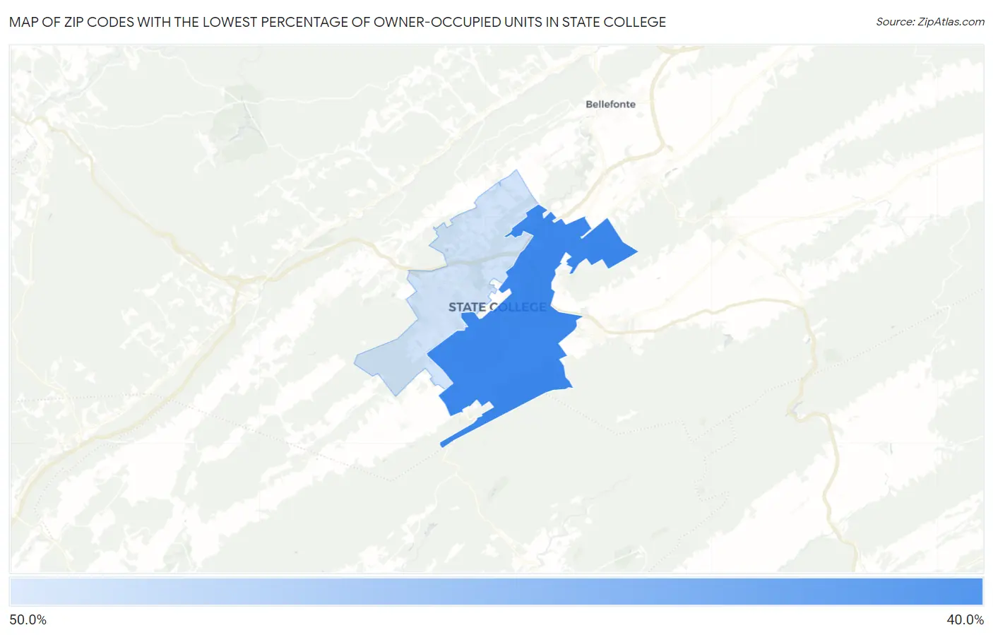 Zip Codes with the Lowest Percentage of Owner-Occupied Units in State College Map