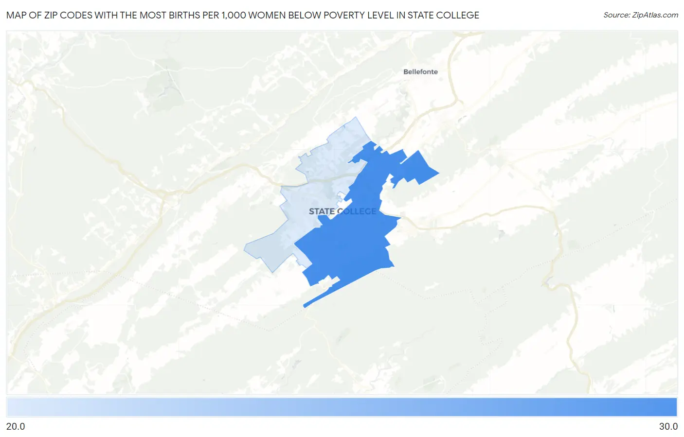 Zip Codes with the Most Births per 1,000 Women Below Poverty Level in State College Map