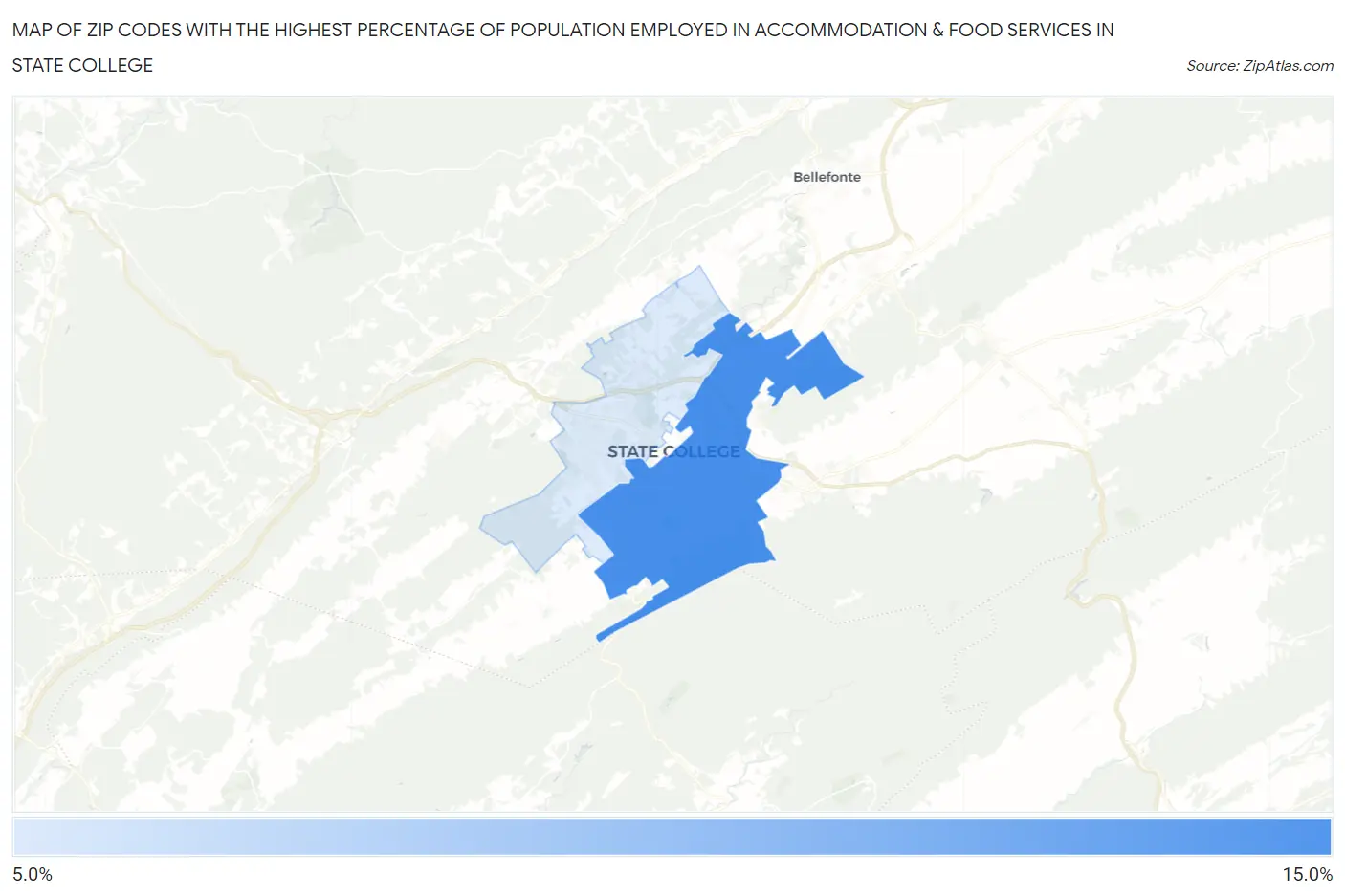 Zip Codes with the Highest Percentage of Population Employed in Accommodation & Food Services in State College Map