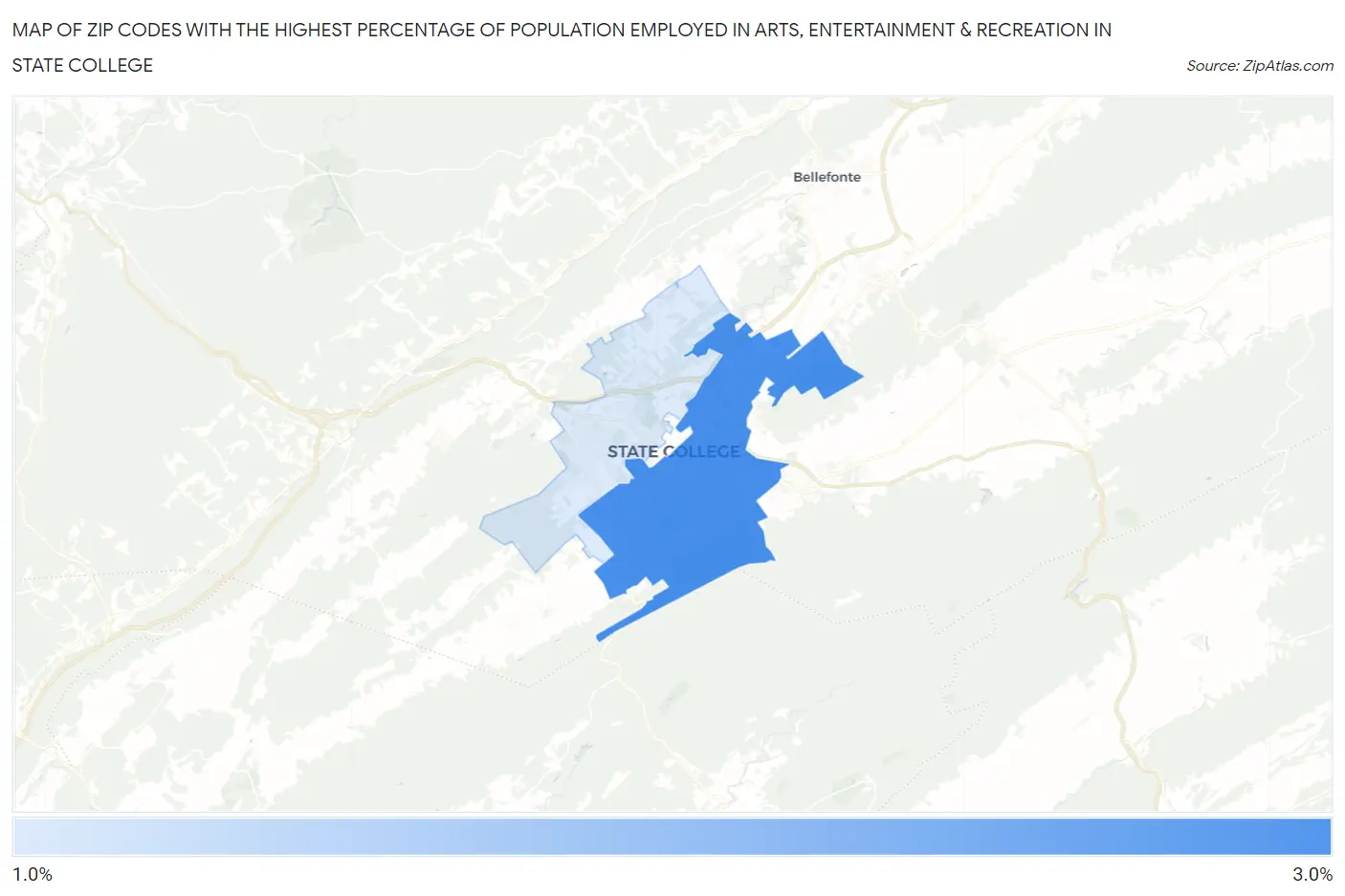 Zip Codes with the Highest Percentage of Population Employed in Arts, Entertainment & Recreation in State College Map