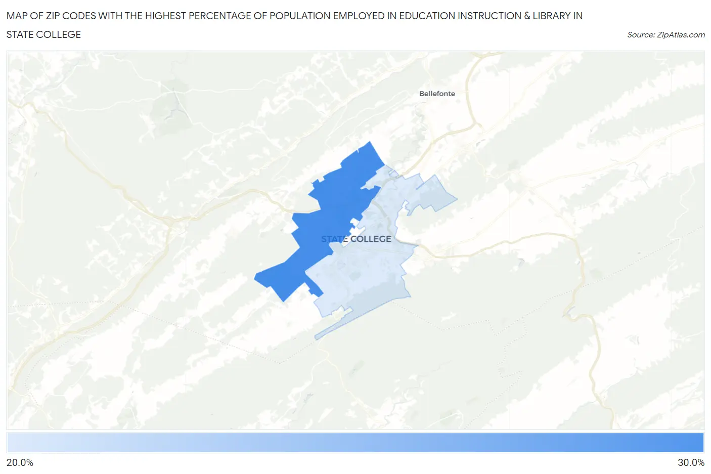 Zip Codes with the Highest Percentage of Population Employed in Education Instruction & Library in State College Map
