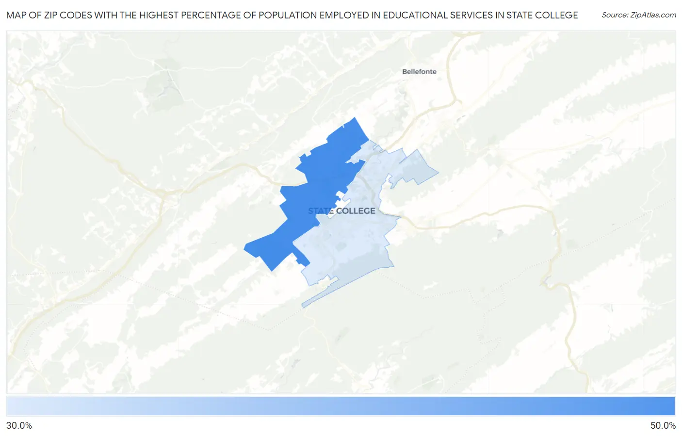 Zip Codes with the Highest Percentage of Population Employed in Educational Services in State College Map
