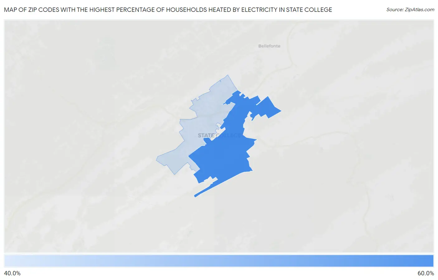 Zip Codes with the Highest Percentage of Households Heated by Electricity in State College Map