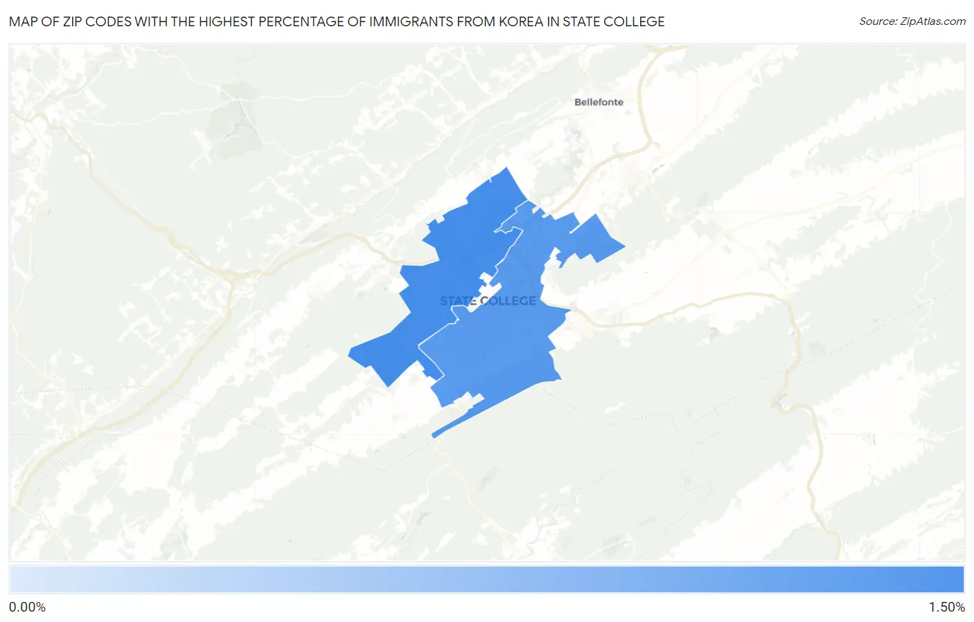 Zip Codes with the Highest Percentage of Immigrants from Korea in State College Map