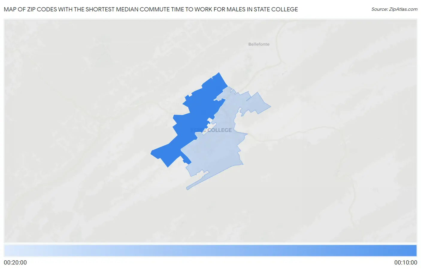 Zip Codes with the Shortest Median Commute Time to Work for Males in State College Map