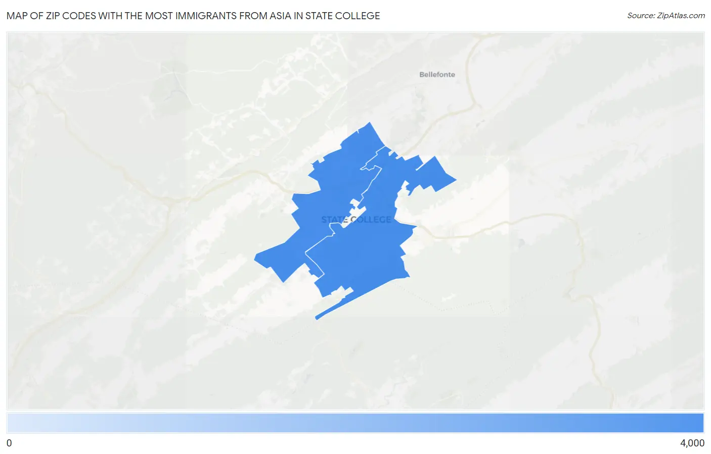 Zip Codes with the Most Immigrants from Asia in State College Map