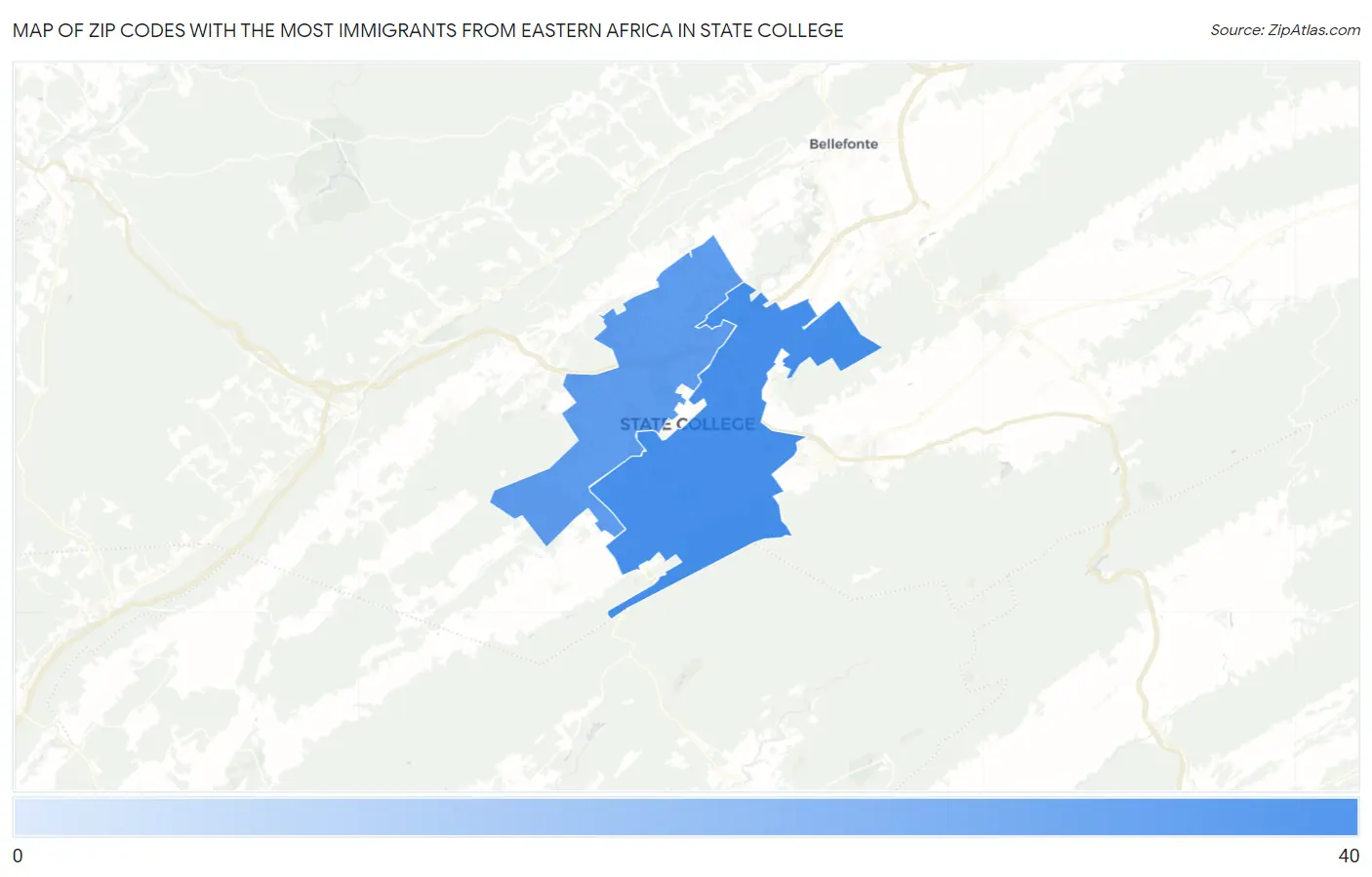 Zip Codes with the Most Immigrants from Eastern Africa in State College Map